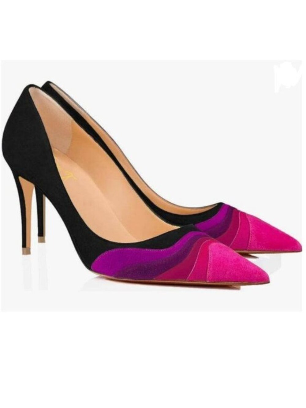 FOWT Black Rainbow Color Stripes High Heel Pumps Slip on Pointed Toe Office Shoe